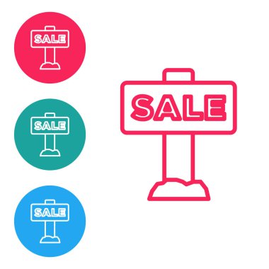 Beyaz arka planda izole edilmiş metin satışı simgesiyle kırmızı çizgi asılı. Mesaj indirimli tabela. Simgeleri daire düğmelerine ayır. Vektör
