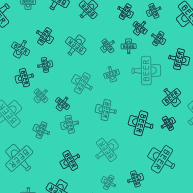 Siyah çizgi bira şişesi ikonu yeşil arka planda izole edilmiş pürüzsüz desen. Vektör