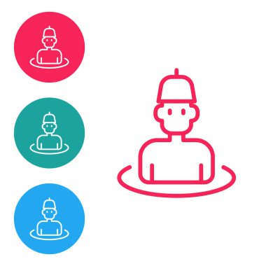 Sauna simgesindeki kırmızı çizgi adamı beyaz arka planda izole edildi. Simgeleri daire düğmelerine ayır. Vektör