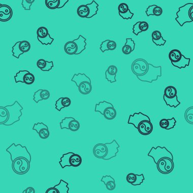 Siyah çizgi Yin Yang 'ın sembolü uyum ve denge simgesi yeşil arkaplanda izole edilmiş pürüzsüz desen. Vektör