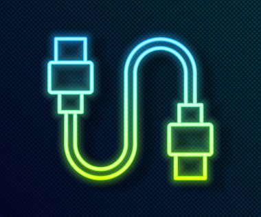 Parlayan neon hattı USB kablo ikonu siyah arkaplanda izole edildi. PC ve mobil cihazlar için bağlantı ve soketler. Vektör