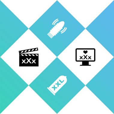 Set Movie clapper with Sex, Condom safe sex, Dildo vibrator for games and Monitor 18 plus content icon. Vector.