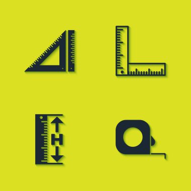 Üçgen cetvel, rulet inşaatı, boy, uzunluk ve katlama simgesi ayarlayın. Vektör.