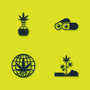 Test tüpünü marihuana, bitki ekme, yasallaştırma ve ilaç ikonu ile ayarla. Vektör.