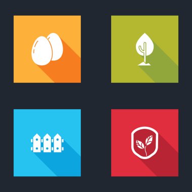 Tavuk yumurtası, ağaç, bahçe çiti ahşap ve yaprak ikonlu kalkan. Vektör.