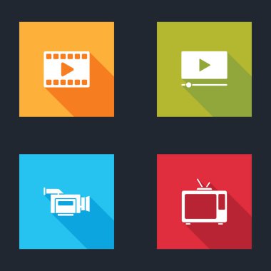 Play Video 'yu, Online oyun videosunu, sinema kamerasını ve Retro TV simgesini ayarla. Vektör.