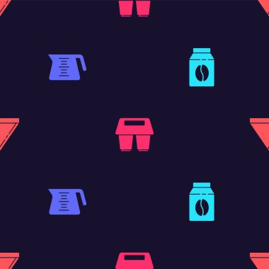 Bir torba kahve çekirdeği, kahve demliği, paket kahve fincanı ve pürüzsüz desenli kağıt filtresi. Vektör.