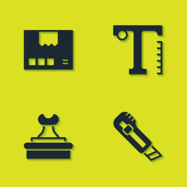 Karton karton kutu, kırtasiye bıçağı, Pul ve Metin simgesi. Vektör.