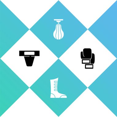 Kasık koruması, spor boks ayakkabısı, kum torbası ve boks eldiveni. Vektör