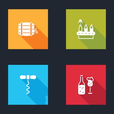 Tahta fıçıyı rafa koyun, konveyör bandı, bira, şarap tirbuşonu ve bira şişesi ikonu. Vektör