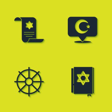 Tevrat parşömenini, Yahudi torah kitabını, Dharma çarkını, Yıldız 'ı ve Hilal ikonunu ayarla. Vektör