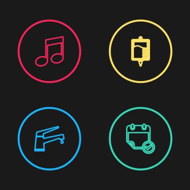 Hat su musluğu, işaretli takvim, serum torbası ve nota, ton simgesi. Vektör.