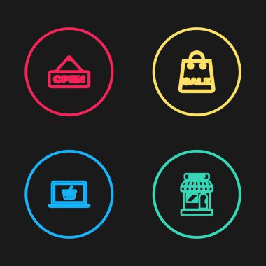 Alışveriş sepetini dizüstü bilgisayara, markete, çantanın içinde Satış ve Asılma tabelası olan açık kapı simgesine ayarla. Vektör.