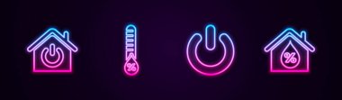 Akıllı ev, nem, güç düğmesi ve ev rutubeti ayarlayın. Parlayan neon ikonu. Vektör.