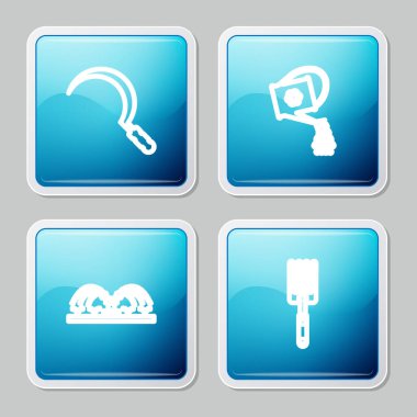 Sickle, Sulama kutusu, otomatik sulama fıskiyeleri ve bahçe çatalı simgesini ayarla. Vektör.