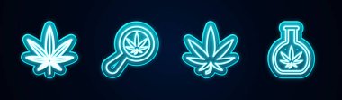 Marihuana, kenevir yaprağı, büyüteç, marihuana ve test tüpü. Parlayan neon ikonu. Vektör.