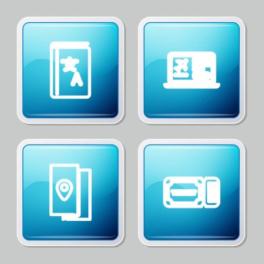 Satır Çevirici Kitabı, Biletli Laptop, Kapak Seyahat Rehberi ve Bilet simgesini ayarla. Vektör.