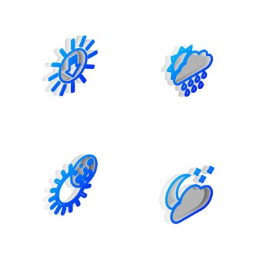 Isometric line Cloud 'u yağmur, güneş, günbatımı, tutulma ve ay yıldızları ikonu ile ayarla. Vektör.