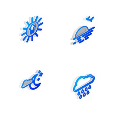 Isometric Line Sunset, Bulut, ay, yıldızlar ve yağmur ikonu. Vektör.