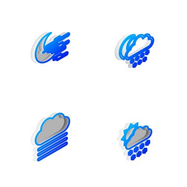 Isometric hattını kara ve aya, sise, buluta ve güneş ikonuna ayarlayın. Vektör.