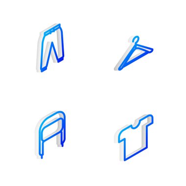 Isometric Line Hanger gardırobu, spor pantolonu, kulaklık ve tişört ikonlu kış şapkası ayarla. Vektör.