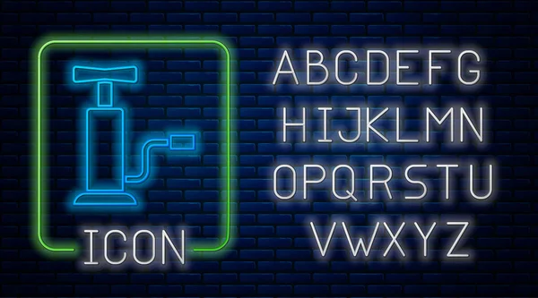 Gloeiende Neon Auto Luchtpomp Pictogram Geïsoleerd Baksteen Muur Achtergrond Neon — Stockvector