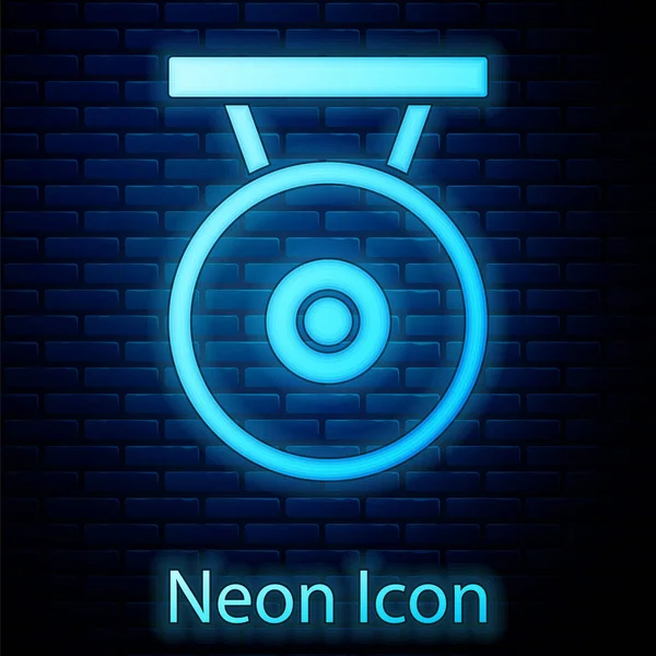 Glödande Neon Gong Musikaliska Slagverk Instrument Cirkulär Metall Skiva Ikon — Stock vektor