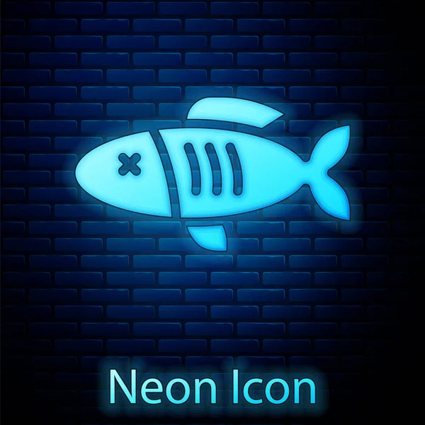 Icono Pescado Seco Neón Brillante Aislado Fondo Pared Ladrillo Vector — Vector de stock