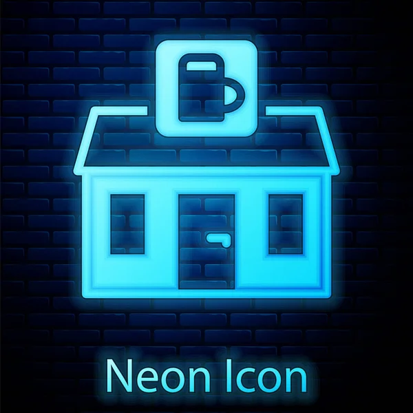 Glowing Neon Store Building Beer Shop Icon Isolated Brick Wall — Stock Vector