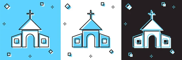 Ustaw Ikonę Budynku Kościoła Niebiesko Białym Czarnym Tle Kościół Chrześcijański — Wektor stockowy