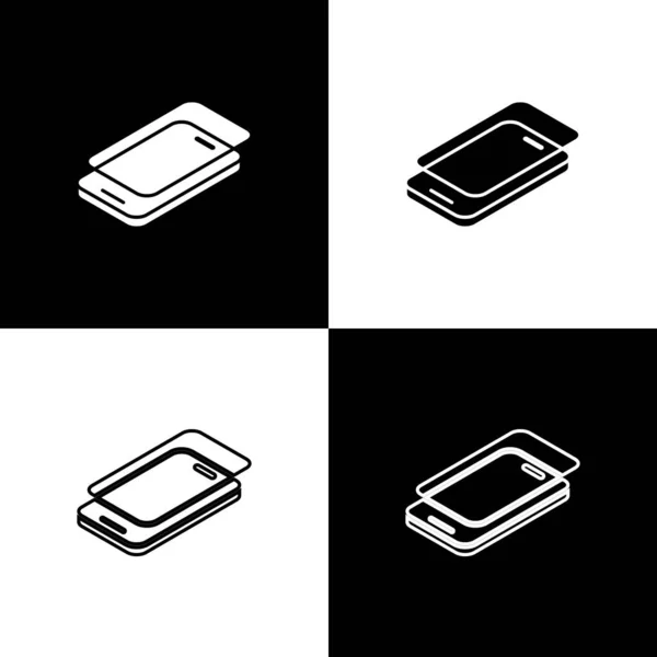 为智能手机图标设置玻璃屏幕保护器 隔离在黑白背景上 玻璃保护膜 透明的软玻璃手机 — 图库矢量图片