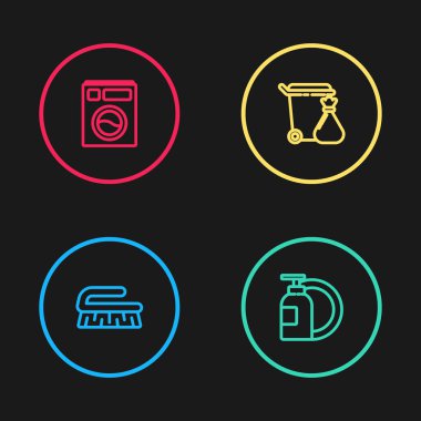 Temizlik için sıra fırçası, bulaşık deterjanı, bulaşık deterjanı, çöp torbası ve çamaşır makinesi ikonu. Vektör.