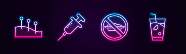 Set line Acupuncture therapy, Syringe, Food no diet and Fresh smoothie. Glowing neon icon. Vector