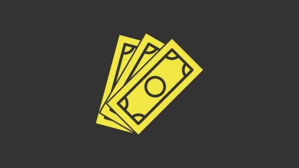 Żółte stosy papierowe pieniądze ikona gotówki izolowane na szarym tle. Banknoty pieniężne. Pieniądze. 4K Animacja graficzna ruchu wideo — Wideo stockowe