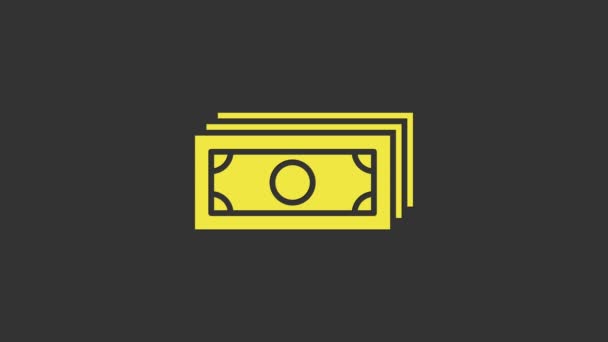 Żółte stosy papierowe pieniądze ikona gotówki izolowane na szarym tle. Banknoty pieniężne. Pieniądze. 4K Animacja graficzna ruchu wideo — Wideo stockowe