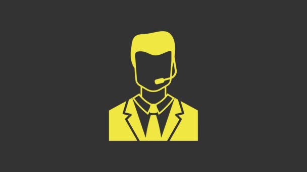 Жовтий чоловік з іконою на голові ізольований на сірому фоні. Оператор підтримки на зв'язку. Концепція кол-центру, сервіс підтримки клієнта. 4K Відеографічна анімація — стокове відео