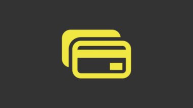 Sarı kredi kartı simgesi gri arkaplanda izole edildi. Çevrimiçi ödeme. Nakit çekilmesi. Finansal operasyonlar. Alışveriş tabelası. 4K Video hareketli grafik canlandırması