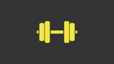 Sarı Dumbbell simgesi gri arkaplanda izole edildi. Kas kaldırma, fitness halteri, spor salonu, spor malzemeleri sembolü, egzersiz yaban domuzu. 4K Video hareketli grafik canlandırması