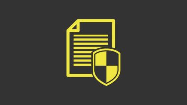 Sarı Belge koruma konsepti simgesi gri arkaplanda izole edildi. Gizli bilgi ve gizlilik fikri, güvenlik, koruma, kalkan. 4K Video hareketli grafik canlandırması