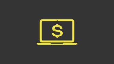Gri arkaplanda dolar sembolü olan sarı dizüstü bilgisayar. İnternetten alışveriş konsepti. Ekonomi konsepti. 4K Video hareketli grafik canlandırması