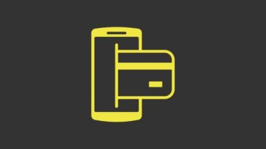 Sarı NFC Ödeme simgesi gri arkaplanda izole edildi. Cep telefonu ödemesi. NFC akıllı telefon konsepti. Aktarım simgesi. 4K Video hareketli grafik canlandırması