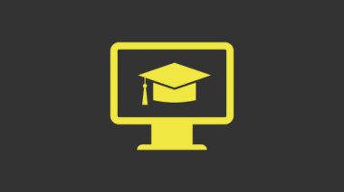 Mezuniyet kapağı simgesi gri arkaplanda izole edilmiş sarı bilgisayar monitörü. Çevrimiçi öğrenme ya da e-öğrenme kavramı. İnternet bilgisi. 4K Video hareketli grafik canlandırması