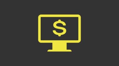 Gri arkaplanda dolar simgesi olan sarı bilgisayar monitörü. İnternet finansal güvenlik konsepti, çevrimiçi finans koruması. 4K Video hareketli grafik canlandırması