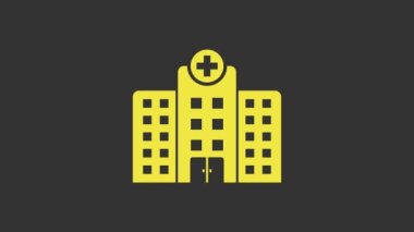 Gri arka planda çapraz ikonu olan Sarı Tıp Hastanesi binası. Tıp merkezi. Sağlık hizmetleri. 4K Video hareketli grafik canlandırması