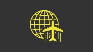 Uçan uçak ikonuna sahip Sarı Küre gri arka planda izole edildi. Uçak Dünya 'nın etrafında uçuyor. Uçak dünyası ikonu. 4K Video hareketli grafik canlandırması