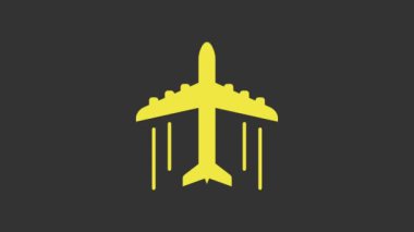 Sarı düzlem simgesi gri arkaplanda izole edildi. Uçan uçak ikonu. Uçak tabelası. 4K Video hareketli grafik canlandırması