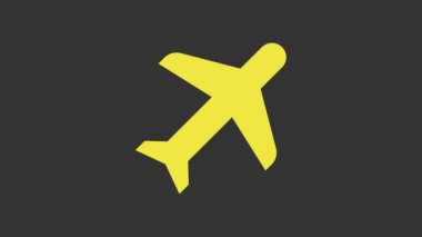 Sarı düzlem simgesi gri arkaplanda izole edildi. Uçan uçak ikonu. Uçak tabelası. 4K Video hareketli grafik canlandırması