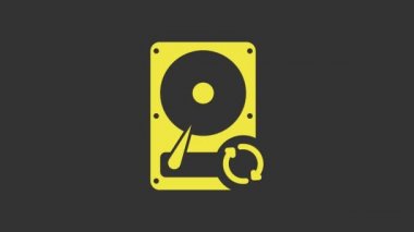 Sarı Disk Sürücüsü HDD eşzamanlama simgesi gri arkaplanda izole edildi. 4K Video hareketli grafik canlandırması