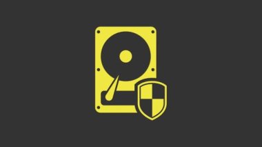 Sarı disk sürücüsü HDD koruma simgesi gri arkaplanda izole edildi. 4K Video hareketli grafik canlandırması