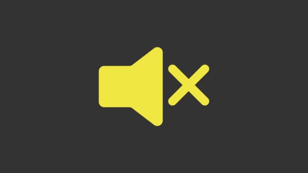 黄色扬声器沉默图标孤立在灰色背景.没有声音图标。卷关闭符号。4K视频运动图形动画 — 图库视频影像